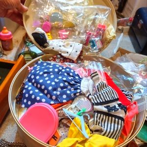 Vintage round suitcase with barbie doll clothes dishes shoes ect